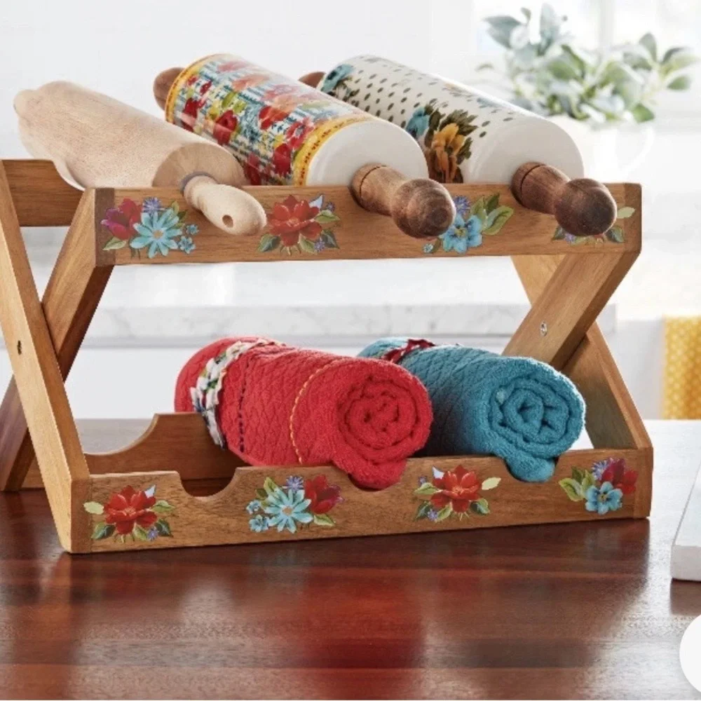 NEW The Pioneer Woman Spring Bouquet Acacia Wood Wine Rack 6-Bottle Folding NIB